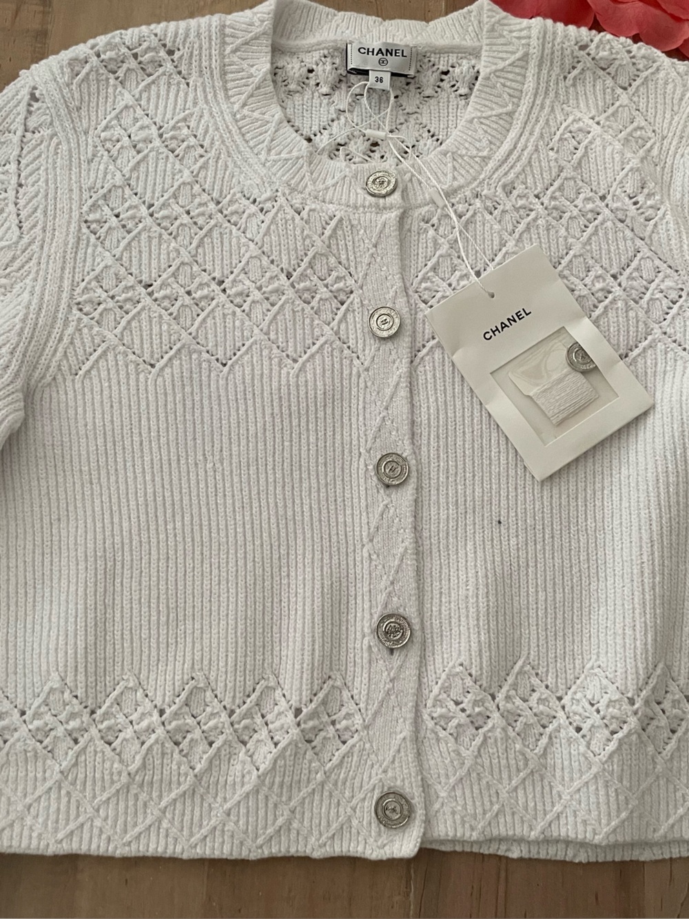 CHANEL White Crochet Diamond-Knit Button Cardigan